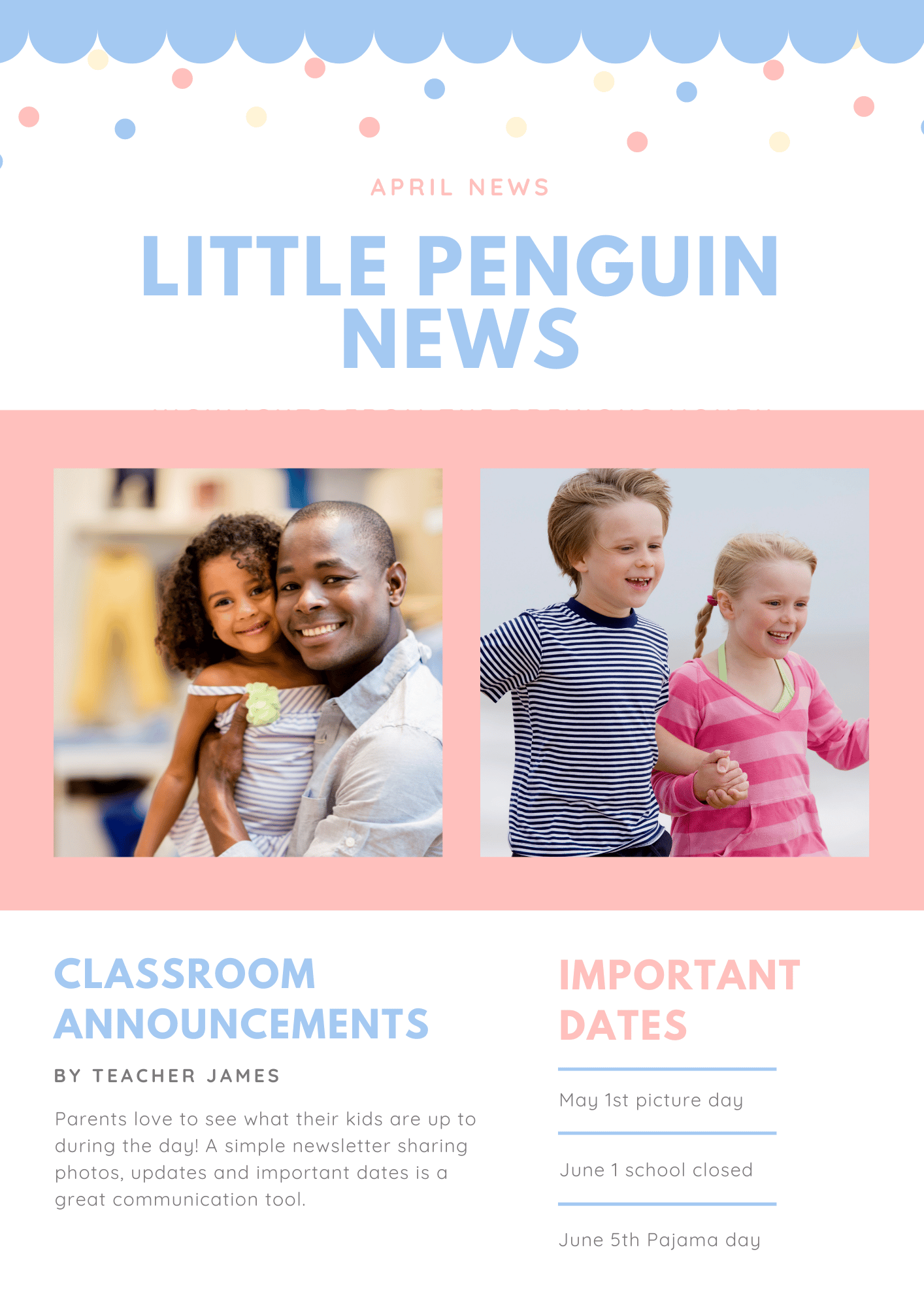Blue Pink Cute School Confetti Preschool Newsletter