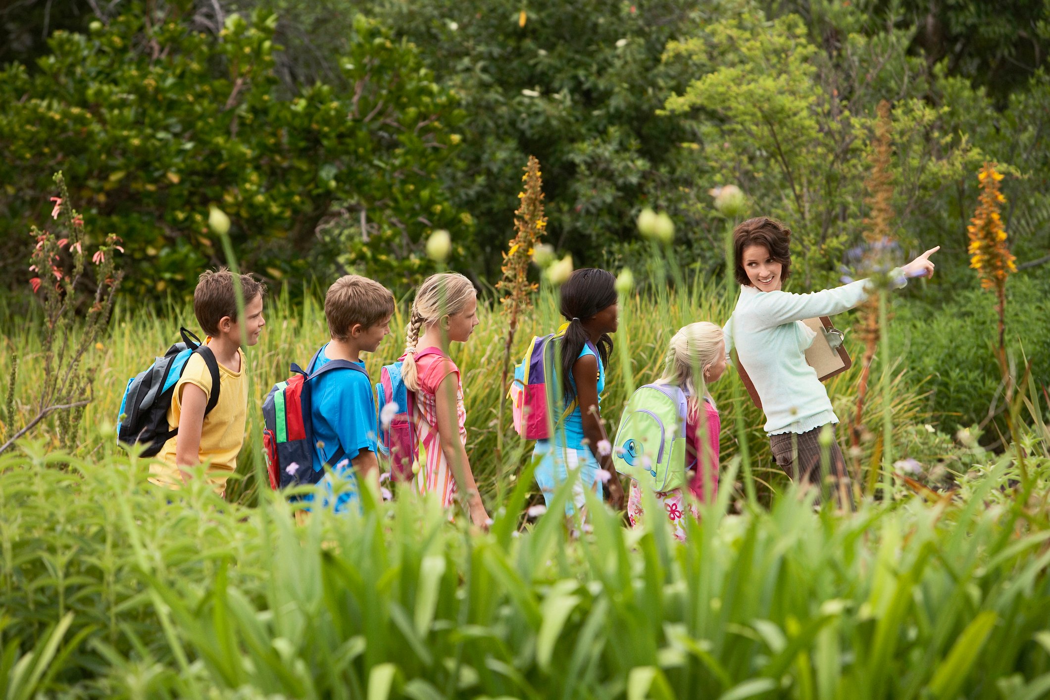 Educators supervising children exploring nature or playing outside.