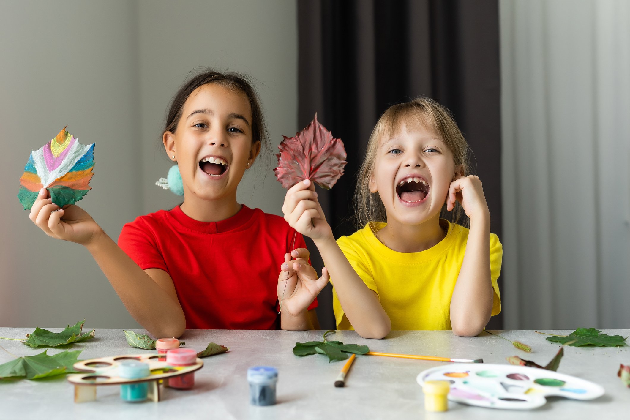 Kids Painting Autumn Leaves Indoors – Fall Craft Activity