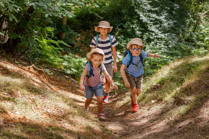 Kids exploring forest trail with backpacks and hats on sunny day