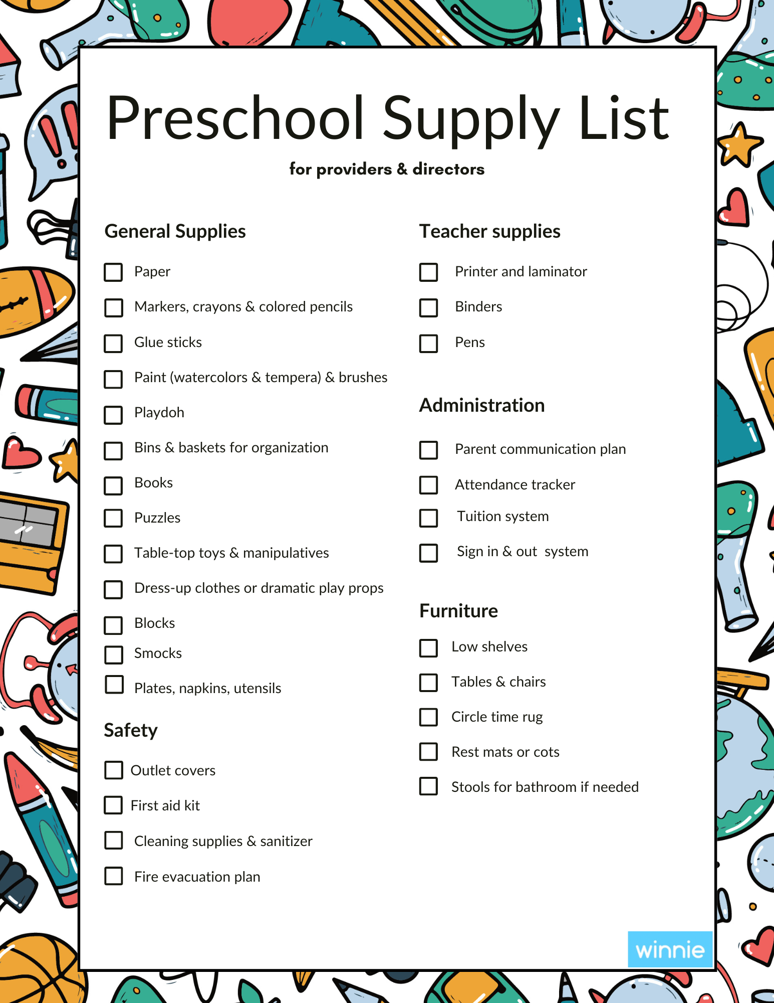 School Supplies List Checklist Document in Black White and Green Doodle Style